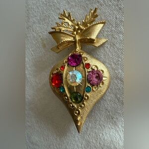Vintage Elegant Gold Brooch with Multicolor Gemstones  Christmas bulb design